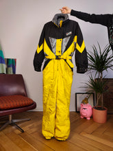 Load image into Gallery viewer, Vintage 90s EKIP ski suit snow snowboard winter sport onesie overall jumpsuit black yellow 44 S
