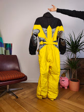 Load image into Gallery viewer, Vintage 90s EKIP ski suit snow snowboard winter sport onesie overall jumpsuit black yellow 44 S
