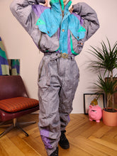 Load image into Gallery viewer, Vintage Ninety Eight ski suit snow snowboard winter sport onesie overall jumpsuit grey embroidery tiger animal 48 M-L
