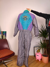 Load image into Gallery viewer, Vintage Ninety Eight ski suit snow snowboard winter sport onesie overall jumpsuit grey embroidery tiger animal 48 M-L
