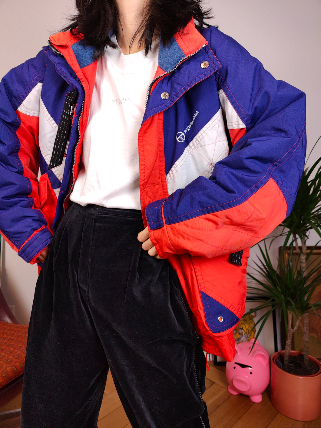 Vintage Sergio Tacchini ski jacket warm winter orange purple coat snow sport designer unisex men M