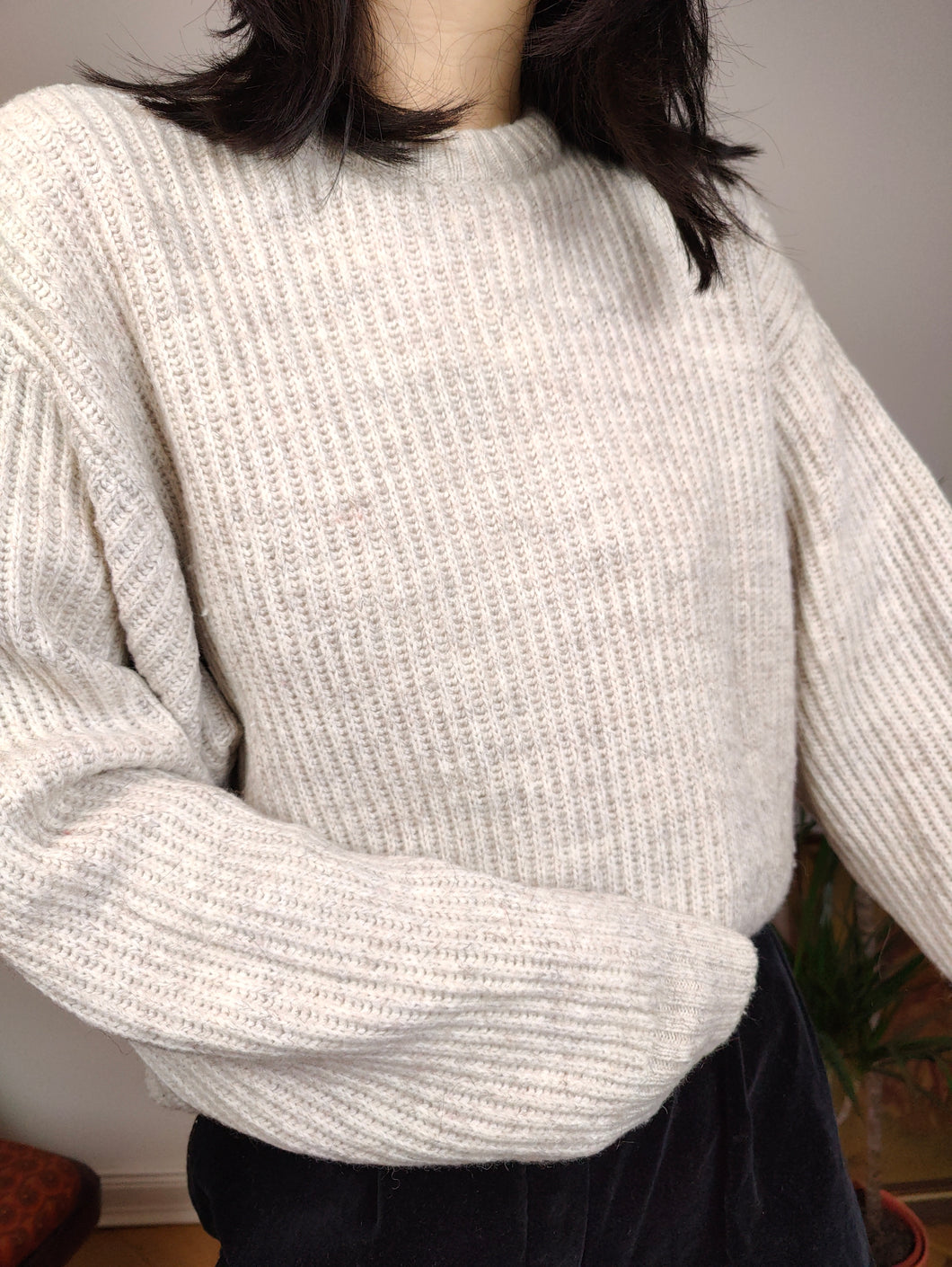 Vintage Belfe Pullover aus Kaschmir-Wollmischung, gestrickt, cremeweiß, schlichter Pullover, Pullover M