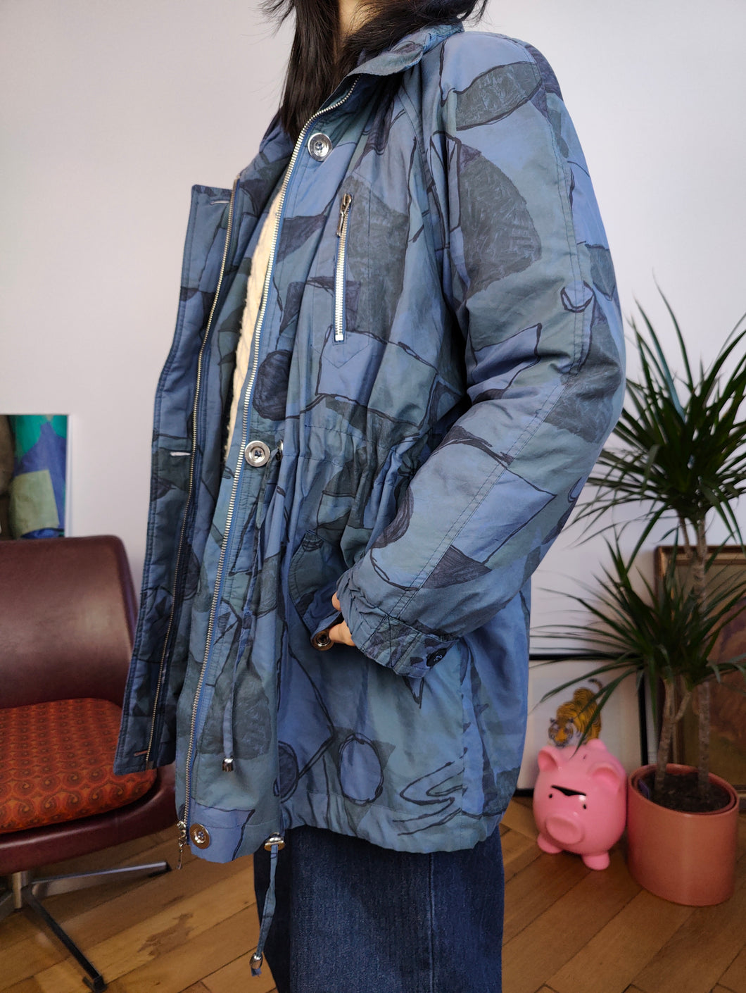 Vintage Parka blau Crazy Print Muster Jacke Mantel leicht gepolstert ML