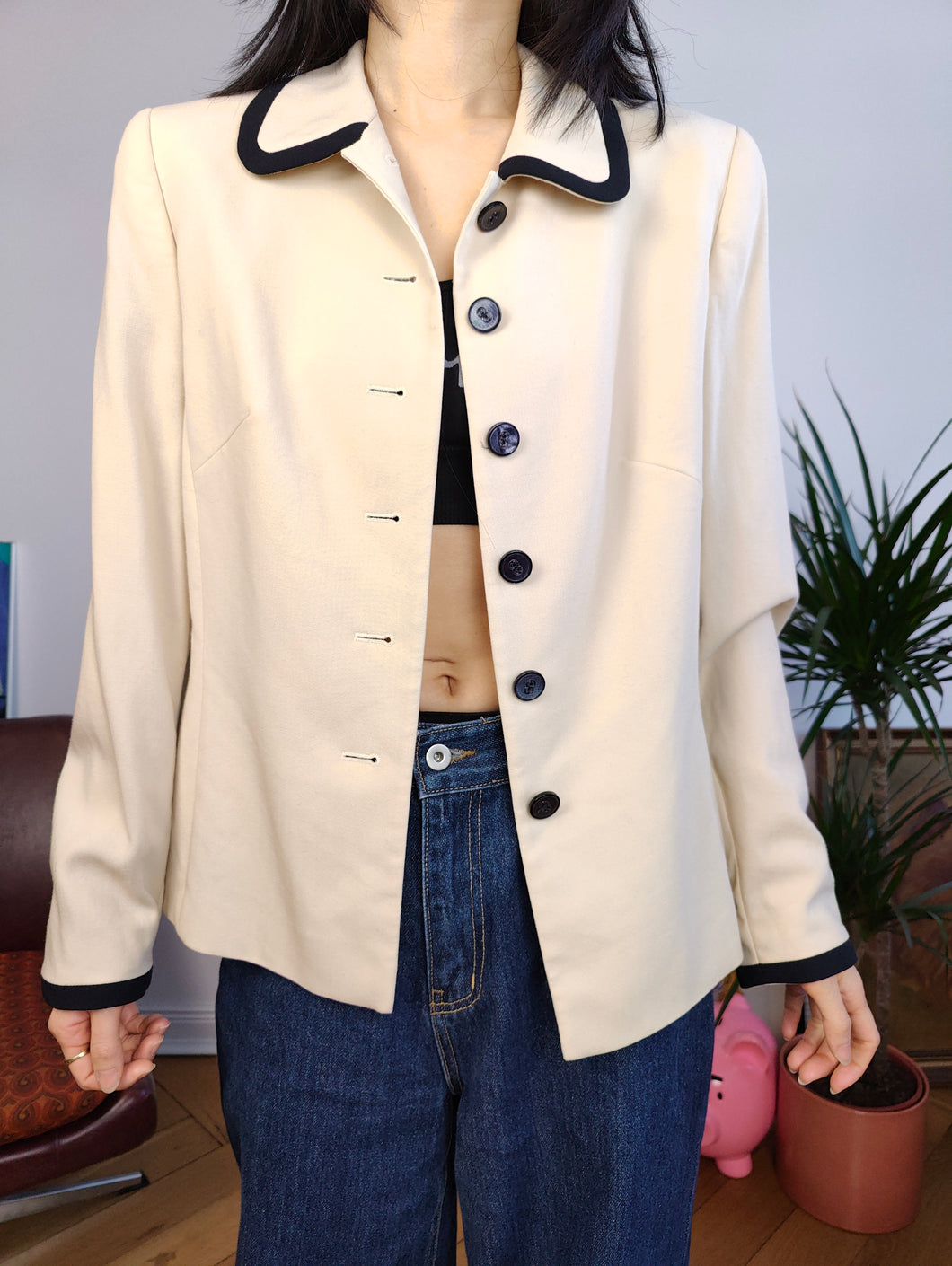 Vintage 90er Jahre Escada reine Schurwolle Blazer Blouson Bluse cremebeige schlichte Jacke Premium Designer Damen 38 S