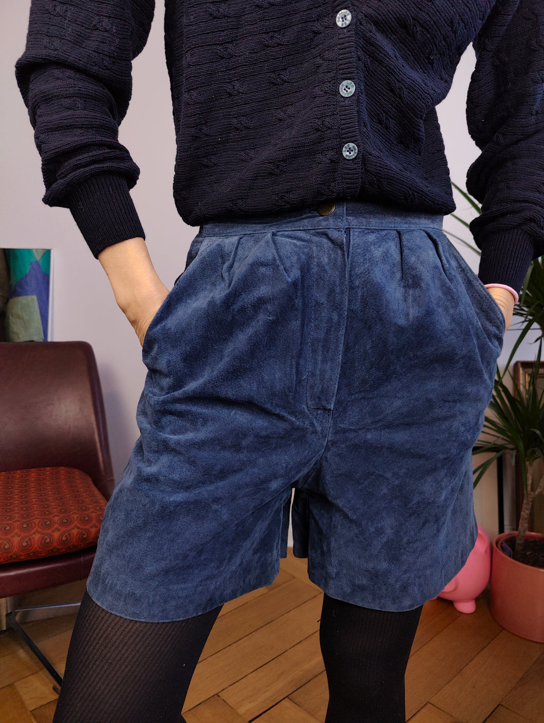 Vintage blaue Shorts aus echtem Wildleder, Bermuda-Hose, Ausschnitt XS-S