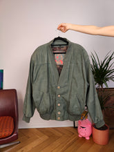 Load image into Gallery viewer, Vintage real leather green sage bomber jacket coat unisex women men 54 L

