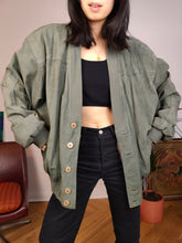 Load image into Gallery viewer, Vintage real leather green sage bomber jacket coat unisex women men 54 L
