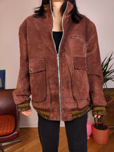Load image into Gallery viewer, Vintage real suede leather burgundy brown red bomber oversized jacket coat unisex women men M
