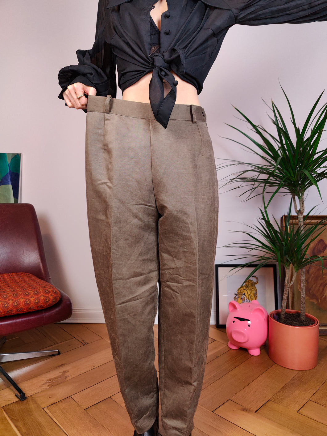 Vintage-Hose beige braun maßgeschneiderte Damen IT48 M