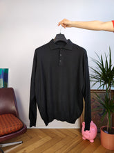 Load image into Gallery viewer, Vintage Merino wool mix knit polo sweater black plain knitted pullover jumper unisex men XL
