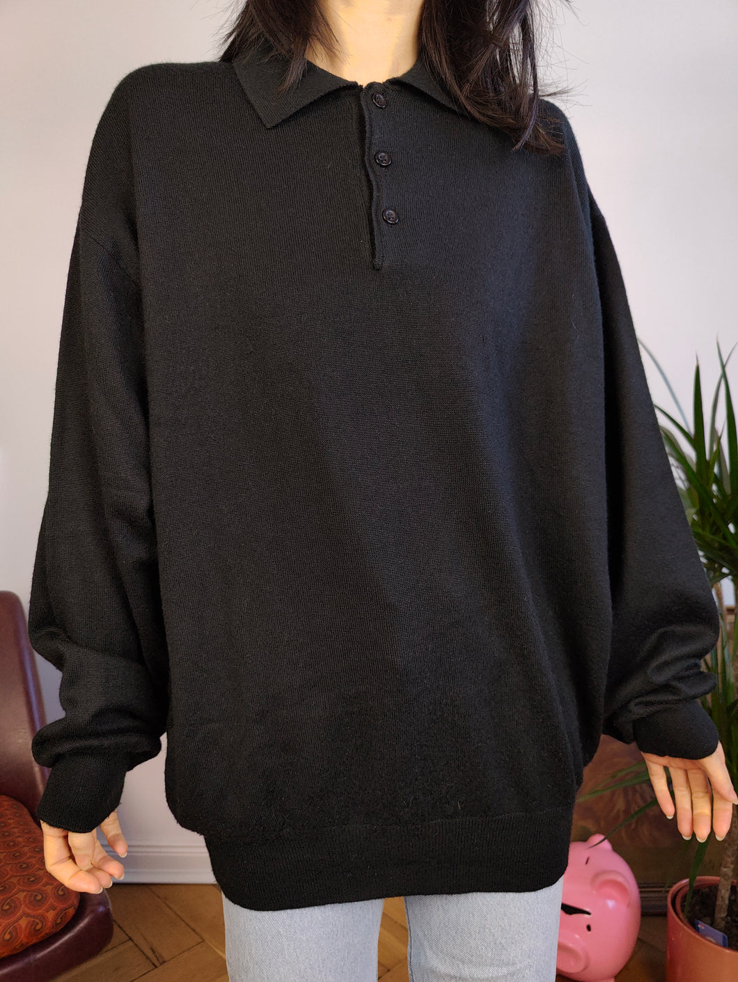 Vintage Merino wool mix knit polo sweater black plain knitted pullover jumper unisex men XL