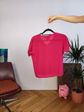 Load image into Gallery viewer, Vintage 100% silk top blouse magenta pink plain short sleeve women S
