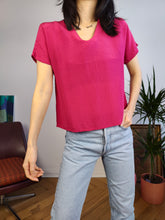 Load image into Gallery viewer, Vintage 100% silk top blouse magenta pink plain short sleeve women S
