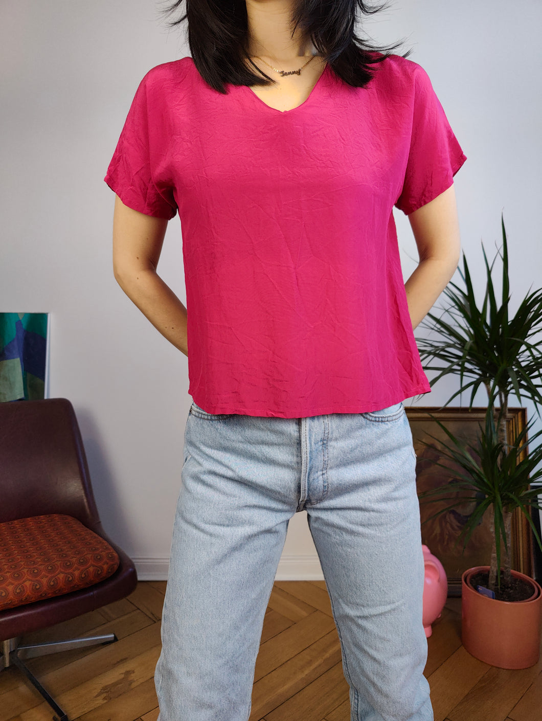 Vintage 100% silk top blouse magenta pink plain short sleeve women S