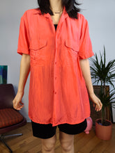 Load image into Gallery viewer, Vintage 100% silk shirt blouse orange short sleeve button up plain women men unisex M-L
