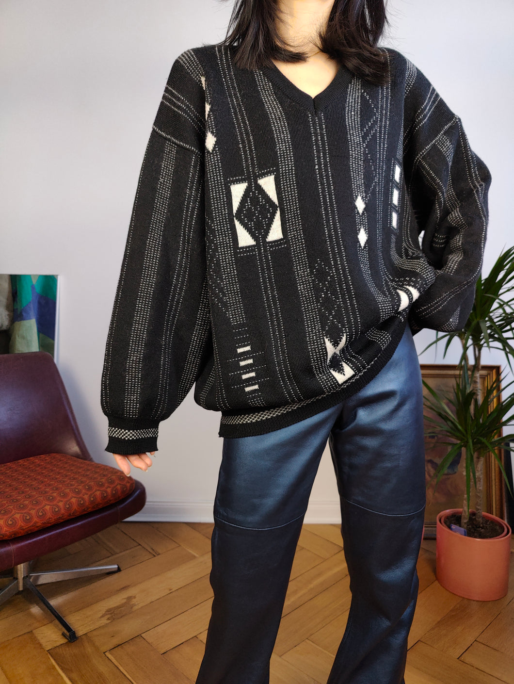 Vintage Cacharel designer wool blend sweater knit black white pattern pullover jumper women men unisex L