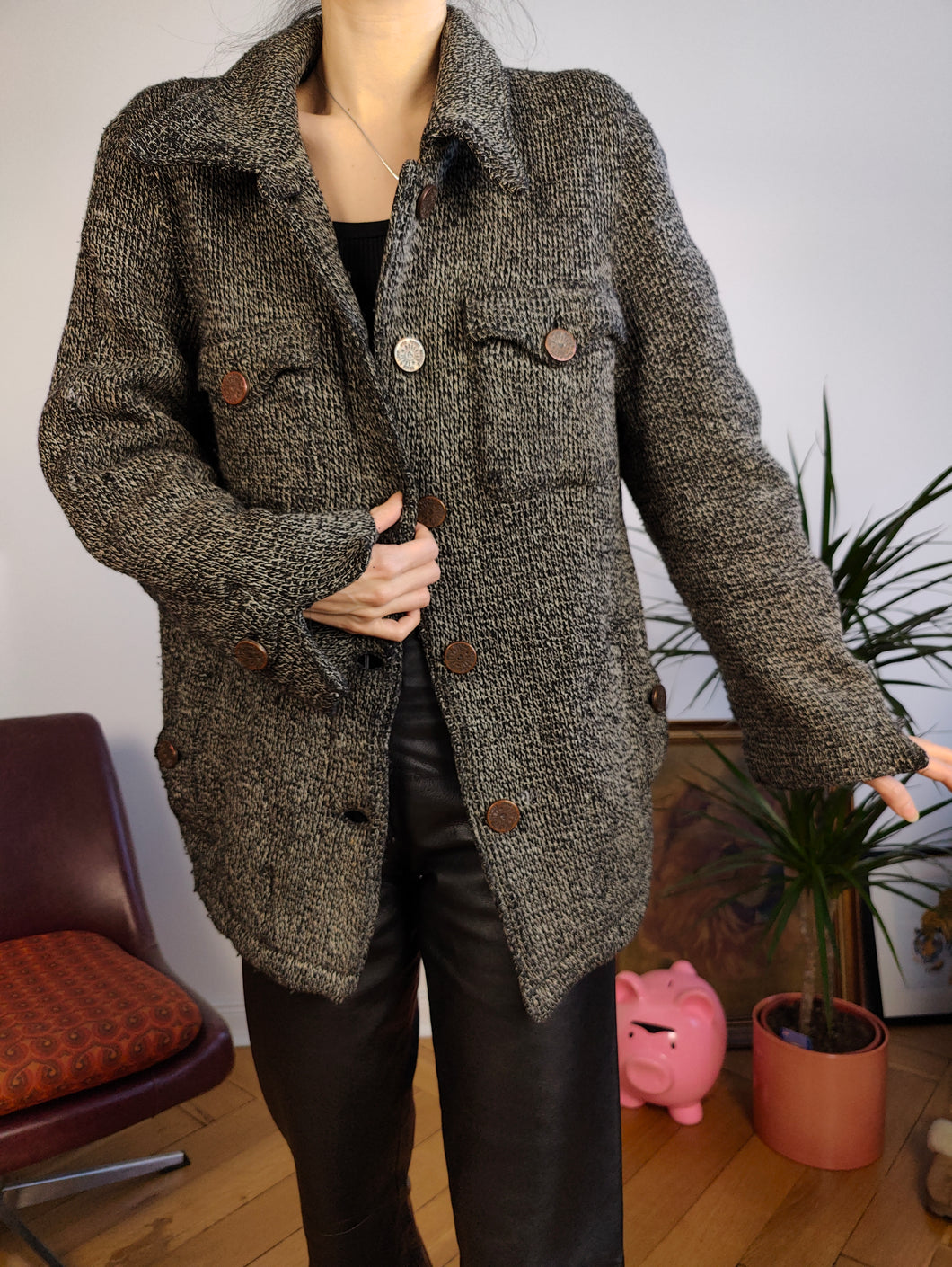 Vintage Moschino Jeans designer wool knit grey blazer shirt jacket coat IT 44 S-M