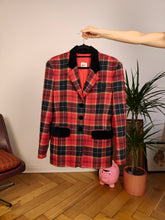Load image into Gallery viewer, Vintage 80s Max Dine 100% wool blazer red check checker pattern tartan velvet collar jacket women S
