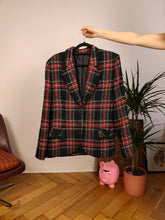Lade das Bild in den Galerie-Viewer, Vintage wool blend black blazer red check checker pattern pattern jacket women M
