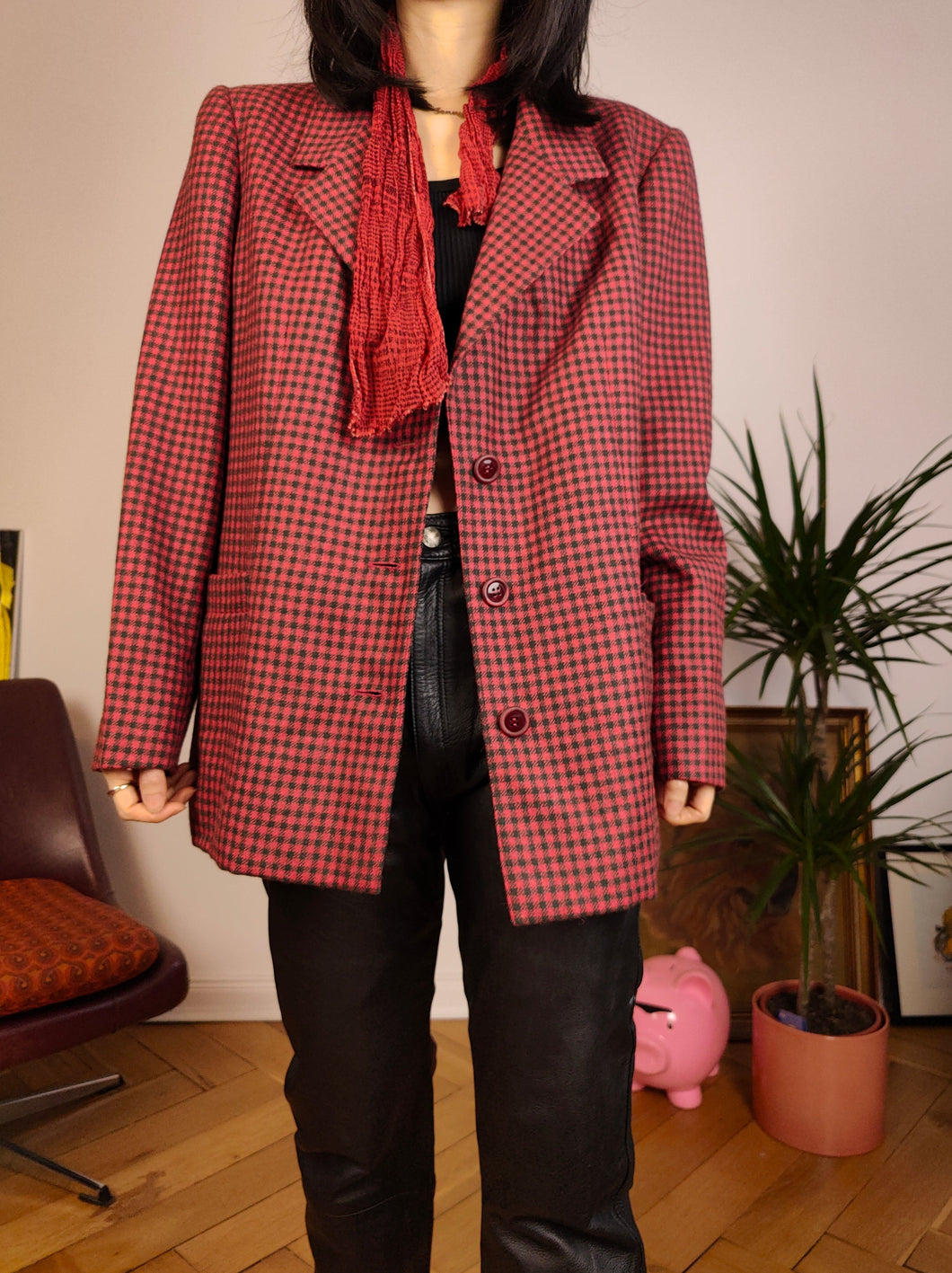 Vintage wool red blazer check checker pattern pattern jacket women M-L