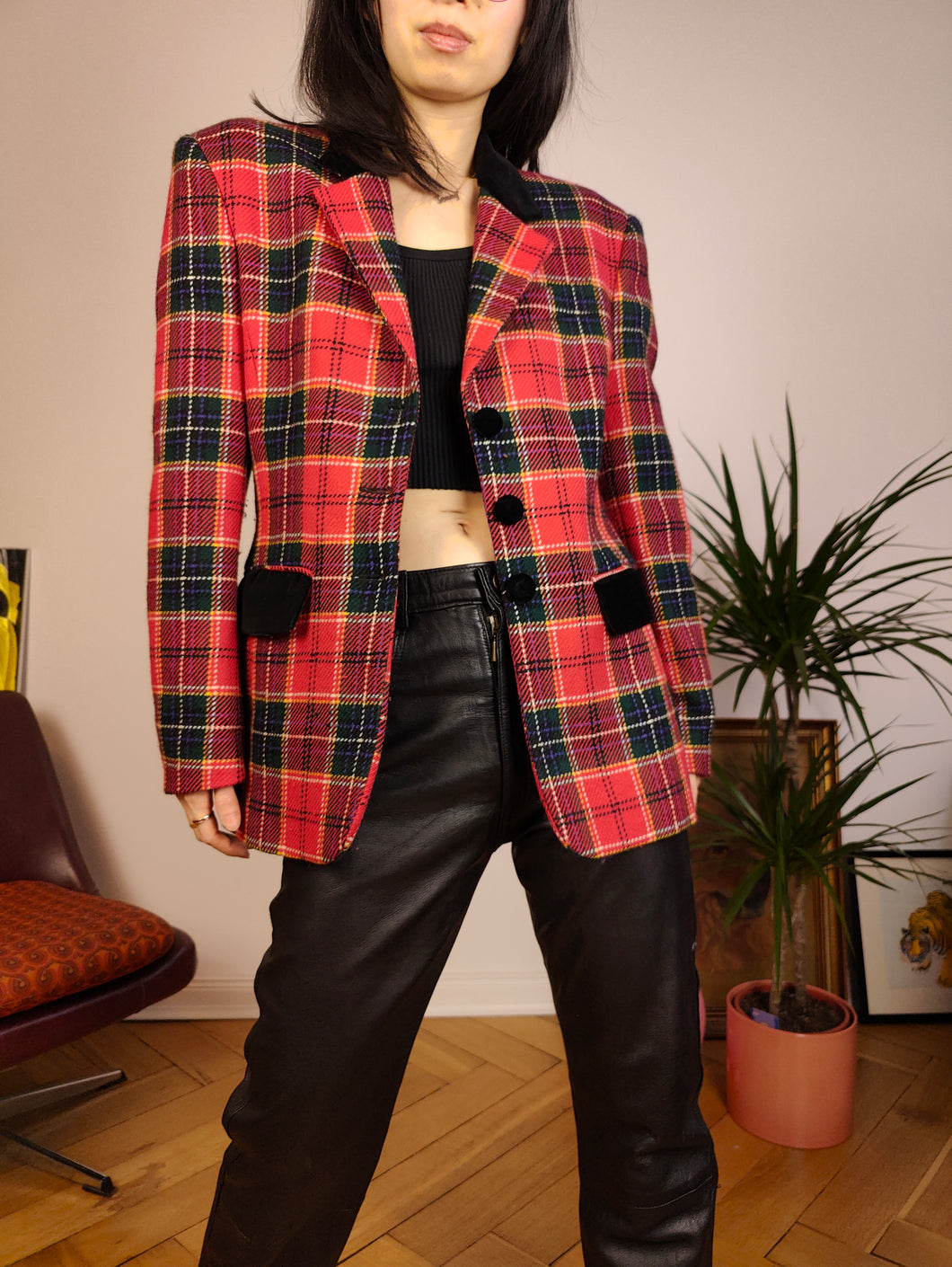 Vintage 80s Max Dine 100% wool blazer red check checker pattern tartan velvet collar jacket women S