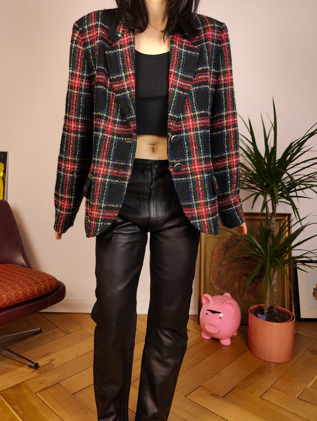 Vintage wool blend black blazer red check checker pattern pattern jacket women M