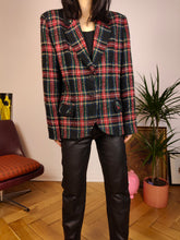 Load image into Gallery viewer, Vintage wool blend black blazer red check checker pattern pattern jacket women M
