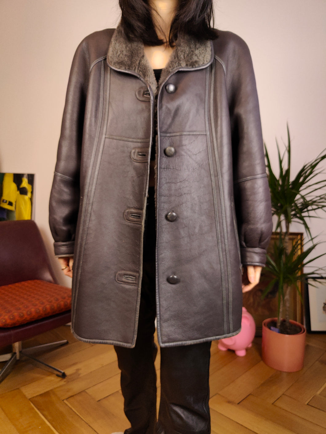 Vintage genuine shearling leather coat grey sheepskin lambskin sherpa winter S