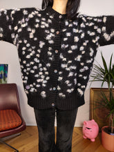 Load image into Gallery viewer, Vintage thick wool blend knit cardigan black floral pattern white fluffy knitted jacket L-XL
