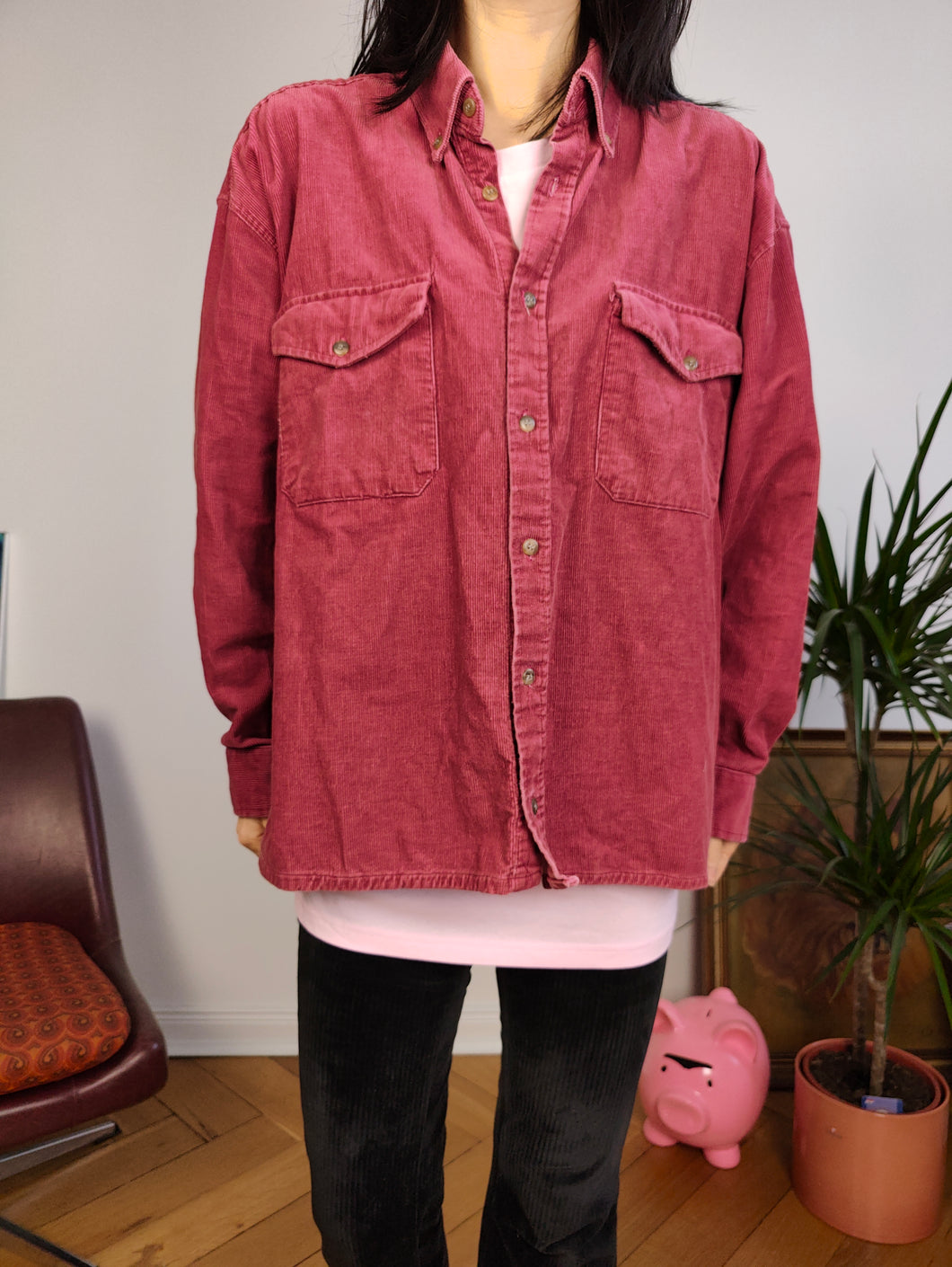 Vintage cord red shirt corduroy cotton button up long sleeve plain women M-L