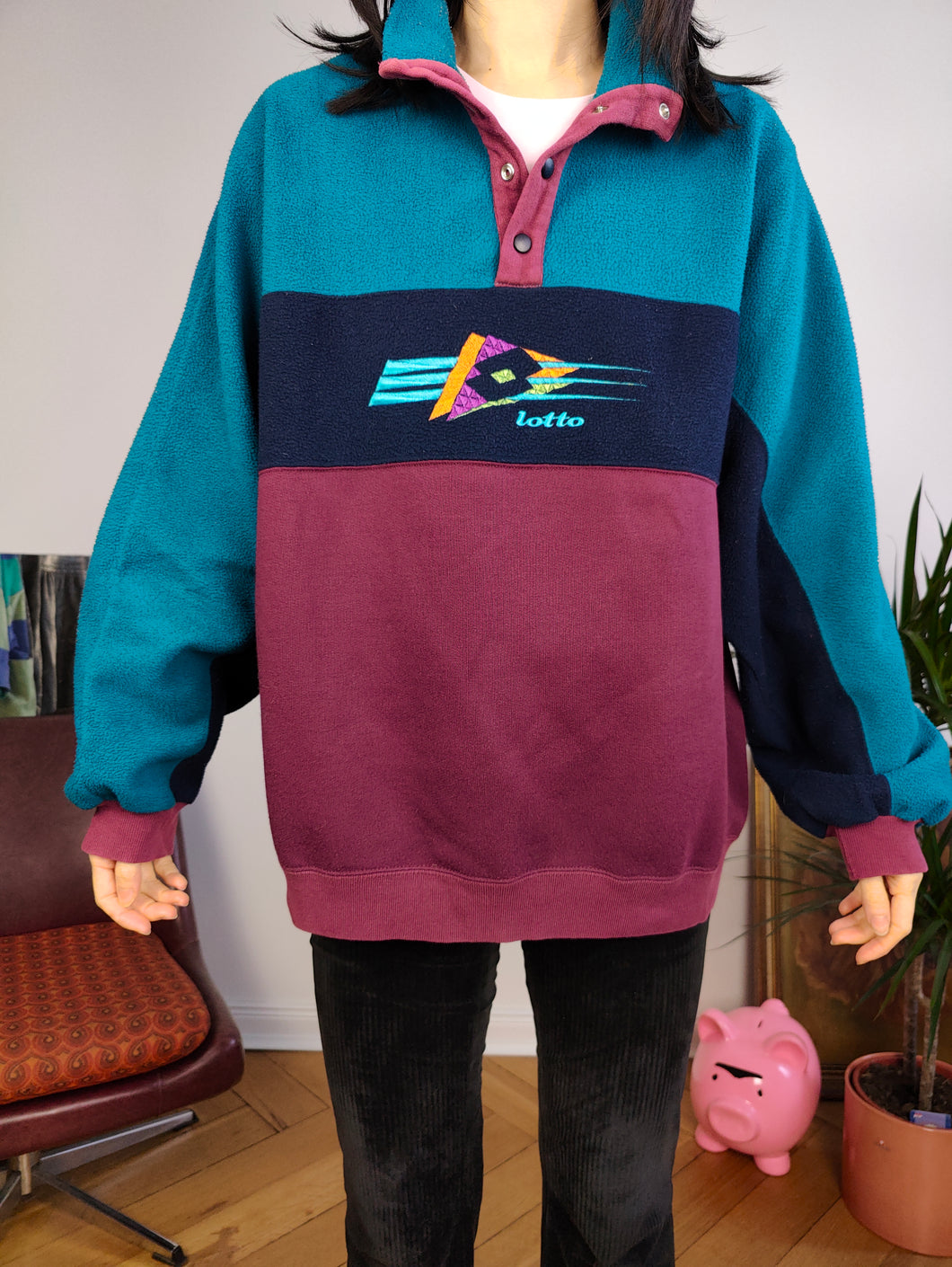Vintage Lotto fleece sweatshirt pullover jumper embroidery burgundy red purple blue sweater women men unisex M