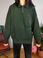 Load image into Gallery viewer, Vintage wool mix knit polo sweater green plain knitted pullover jumper embroidery logo women unisex men M
