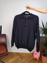 Lade das Bild in den Galerie-Viewer, Vintage merino wool polo collar sweater knit pullover jumper navy blue pattern Monecatini S-M
