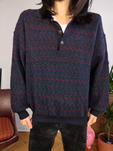 Lade das Bild in den Galerie-Viewer, Vintage merino wool polo collar sweater knit pullover jumper navy blue pattern Monecatini S-M
