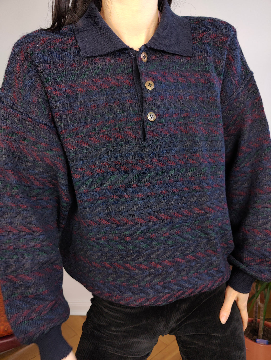 Vintage merino wool polo collar sweater knit pullover jumper navy blue pattern Monecatini S-M