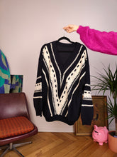 Load image into Gallery viewer, Vintage sweater knit black white crazy pattern V neck pullover jumper women men unisex XL
