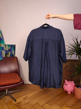 Load image into Gallery viewer, Vintage 100% silk shirt blouse navy blue short sleeve button up plain women men unisex XL

