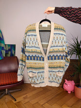 Load image into Gallery viewer, Vintage cashmere wool cardigan beige blue yellow nordic pattern knit knitted jacket M
