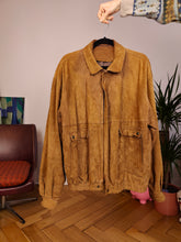 Load image into Gallery viewer, Vintage real suede leather bomber jacket tan brown coat unisex women men M-L
