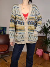 Load image into Gallery viewer, Vintage cashmere wool cardigan beige blue yellow nordic pattern knit knitted jacket M
