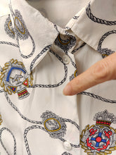Load image into Gallery viewer, Vintage silk shirt white nautical baroque print pattern white button up long sleeve blouse women M
