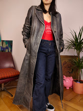 Lade das Bild in den Galerie-Viewer, Vintage genuine leather maxi coat dark grey black trench jacket long clubbing matrix women S
