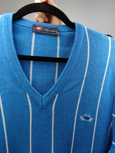 Load image into Gallery viewer, Vintage wool blend sweater knit blue white vertical stripe pattern V neck pullover jumper Il Granchio crab embroidery S
