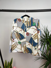 Load image into Gallery viewer, Vintage blouse white baroque equestrian chains print pattern button up long sleeve shirt women S
