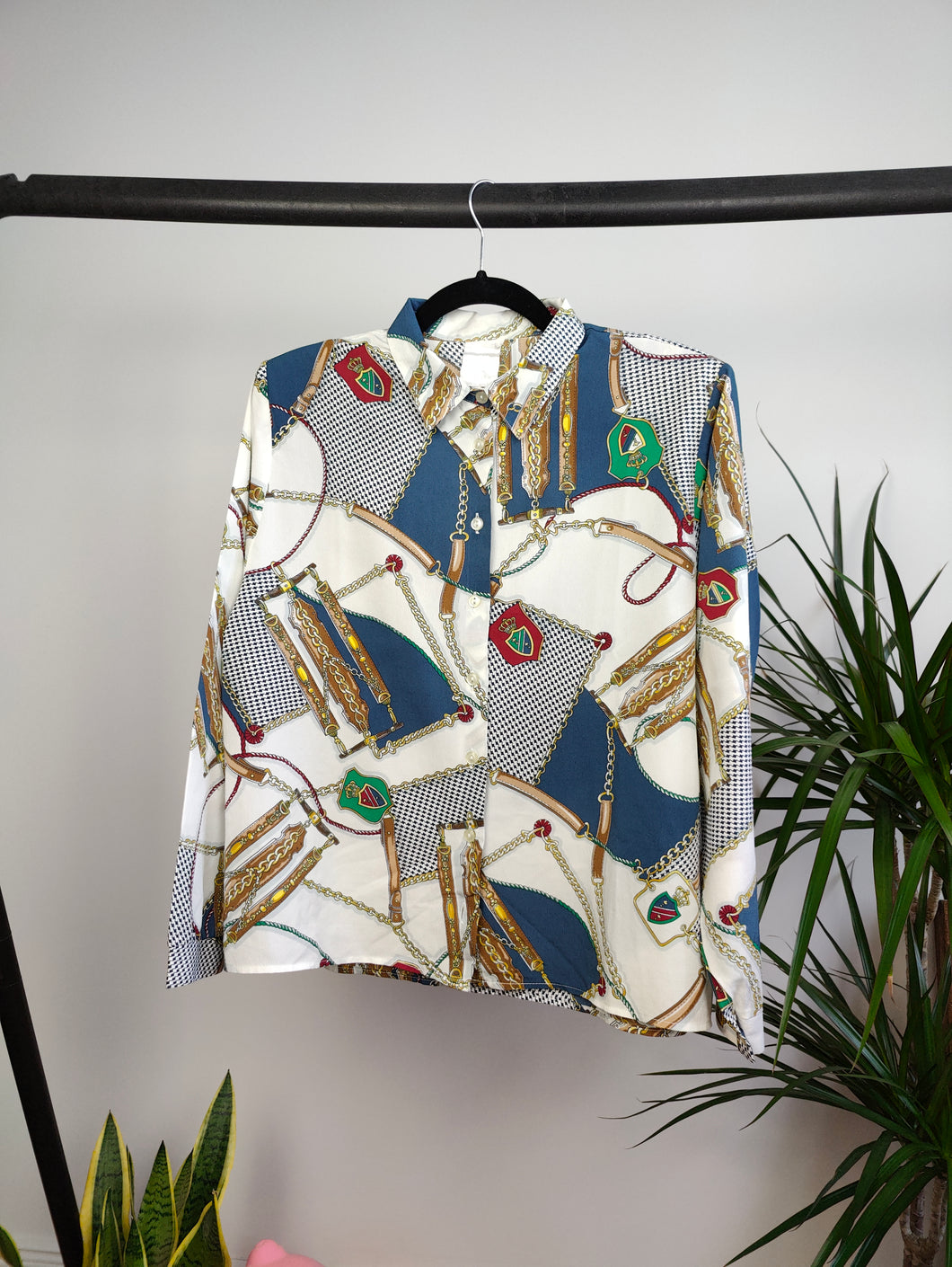 Vintage blouse white baroque equestrian chains print pattern button up long sleeve shirt women S