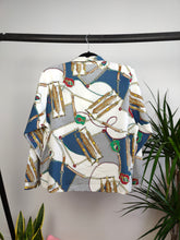 Load image into Gallery viewer, Vintage blouse white baroque equestrian chains print pattern button up long sleeve shirt women S

