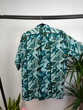 Load image into Gallery viewer, Vintage shirt viscose blue stripes crazy print pattern festival short sleeve Eros button up women men unisex L
