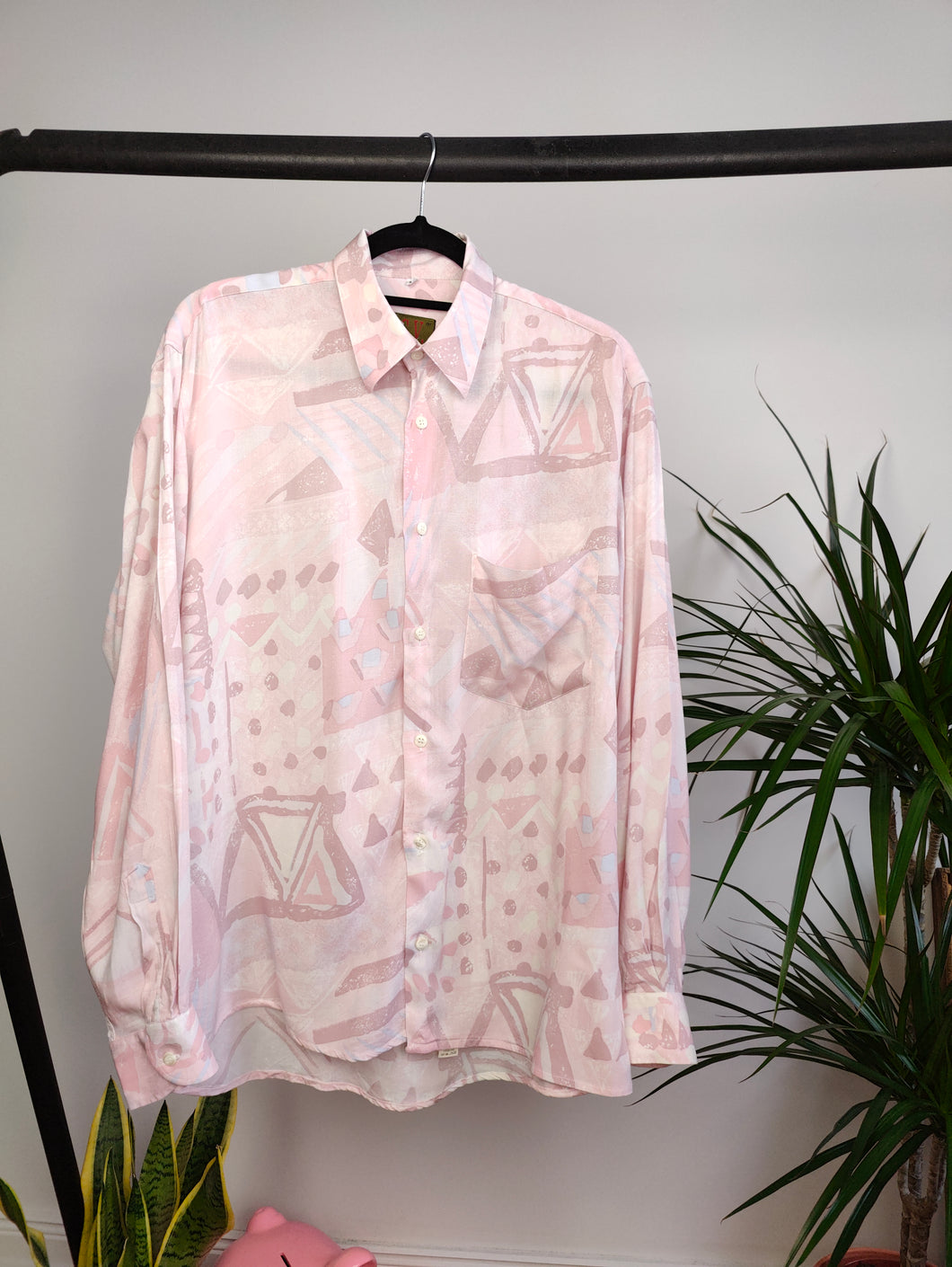 Vintage shirt soft pink white crazy print pattern long sleeve button up RGV women L unisex men M-L