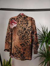Load image into Gallery viewer, Vintage viscose shirt animal leopard brown rose floral blouse crazy print pattern long sleeve button up women M-L
