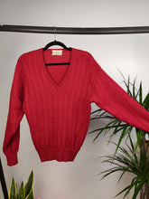 Load image into Gallery viewer, Vintage 100% wool cable knit sweater red V neck Suspense pullover jumper S
